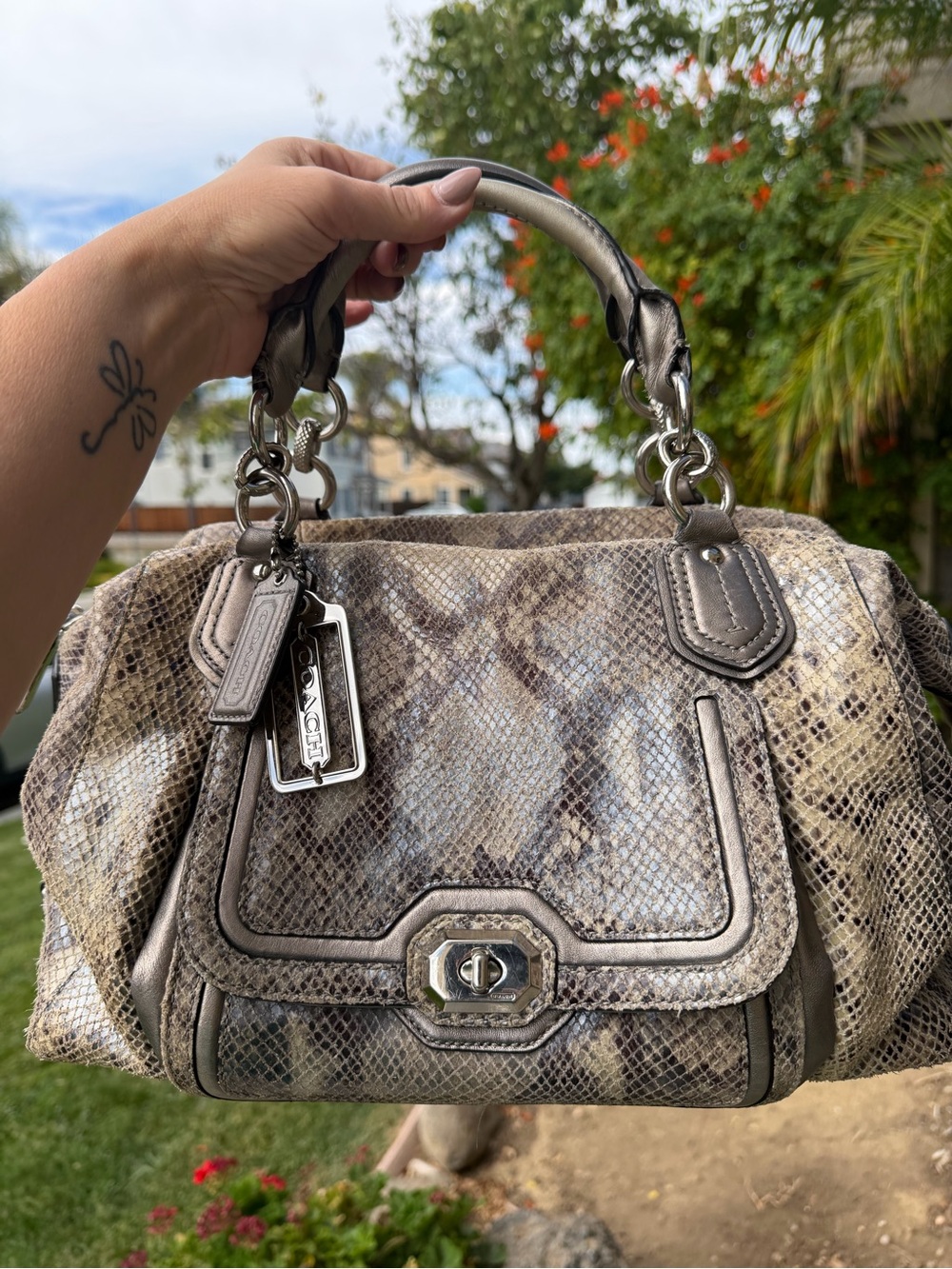 Y2K Coach Metallic Taupe Snake-Print Shoulder Bag